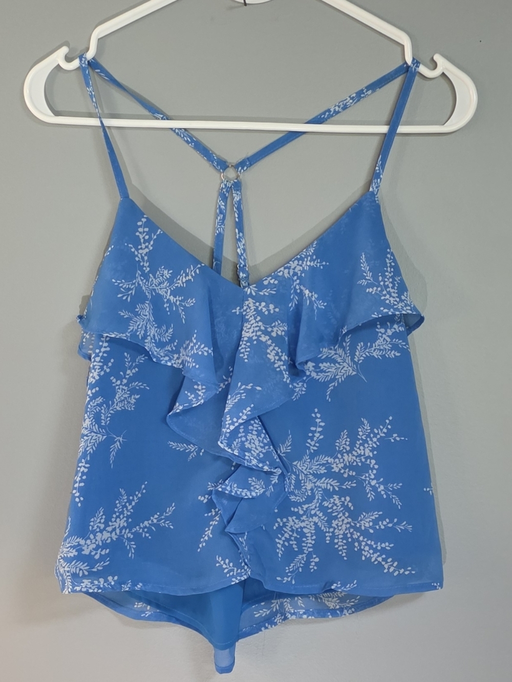 Blue Floral Ruffle Camisole with Tie-Back